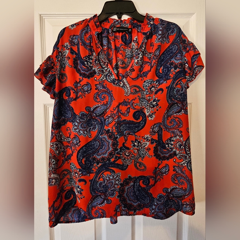 New York & Company Ruffle Sleeve Paisley Pattern Blouse, Size XXL